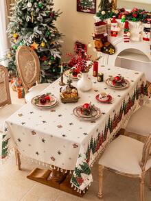 1 szt. świąteczny obrus, czerwony, zielony, biały, wzór choinki, beżowa koronka, zmywalny, dekoracja domu, obrus imprezowy, odpowiedni do kuchni, jadalni, spotkań towarzyskich, kolacji, przyjęć świątecznych, dekoracji noworocznych, artykułów świątecznych, prezentów, dekoracji jesiennych, wesołych świąt