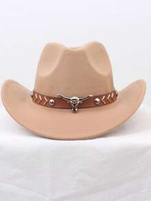 1 件男女通用复古西部牛仔帽，带公牛饰边，适合日常休闲穿着、西部牛仔派对。 - 棕皮鉚釘牛頭禮帽 - 查看 3