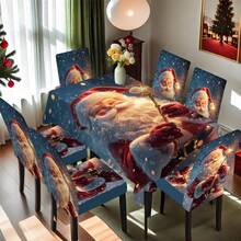 1/4/5/6/7/36pcs Christmas Santa Claus Holding Glowing Magic Wand With Snowflake & Glitter Print Chair Cover/Slipcover Set, Suitable For Indoor Home, Restaurant, Hotel, Ideal For Modern Daily Decor. Tablecloth Fits Square Dining Table, Elastic Chair Cover Is Washable. - Multicolor - View 8