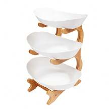 White 3-Tier Plastic Fruit Stand, Bamboo-Style Multi-Level Display Tray For Party Snacks & Dessert Serving With Stable Base - Wood, White - View 4