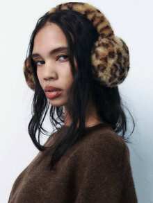 1 Piece Winter Leopard Print Style Earmuffs With Faux Rabbit Fur, Plush Fluffy Earmuffs, Windproof Foldable Earmuffs Winter Accessories Fall - Coffee Brown - View 1