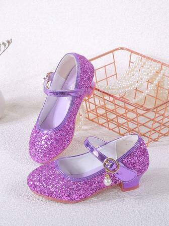Girls Princess Shoes, Children High Heel Shoes, Soft Bottom Non-Slip Shoes, Little Girls Blue Glitter Shoes, Gold Formal Shoes, Purple High Heel Shoes, Spring Autumn New Arrival