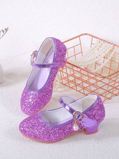 Girls Princess Shoes, Children High Heel Shoes, Soft Bottom Non-Slip Shoes, Little Girls Blue Glitter Shoes, Gold Formal Shoes, Purple High Heel Shoes, Spring Autumn New Arrival