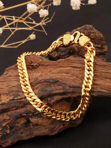 1 件 24K 镀金铜双面繁荣符号扁平双扣闪亮宽链手链配饰，可调节，时尚百搭，适合男士，适合日常佩戴、派对、送给男朋友/兄弟的礼物 - 雙面福字頭扁雙扣寬版男士手鍊 - 查看 3