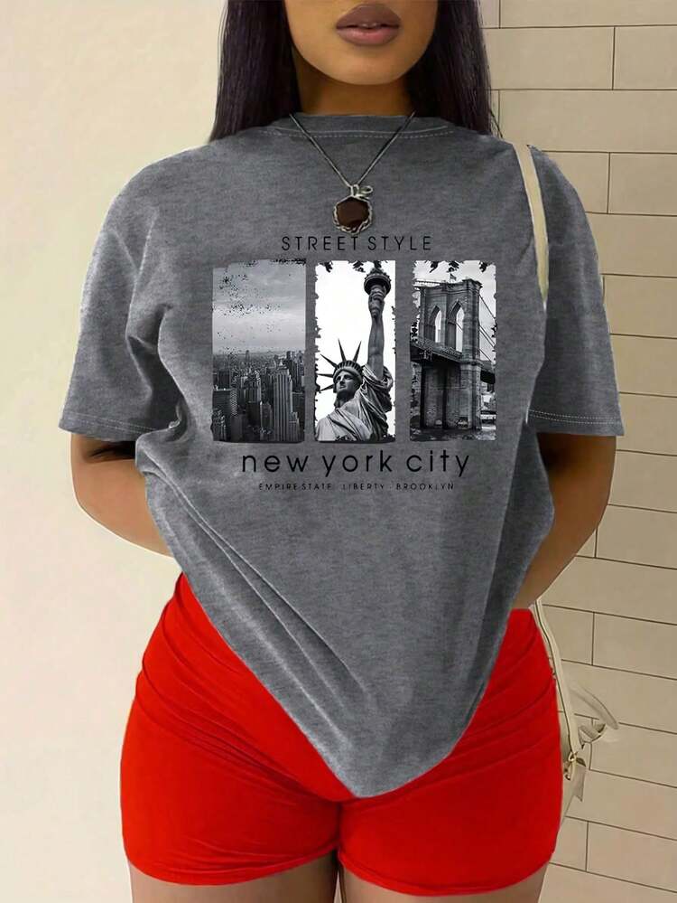 Mujer camiseta urbana estampado fotográfico New York estilo callejero tejido suave holgada cuello redondo manga corta primavera verano uso diario - Gris - Añade 1