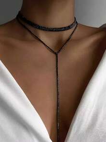 1pc Triple Strand Long Necklace, Suitable For Women's Wedding Wear - Gun Black - View 3