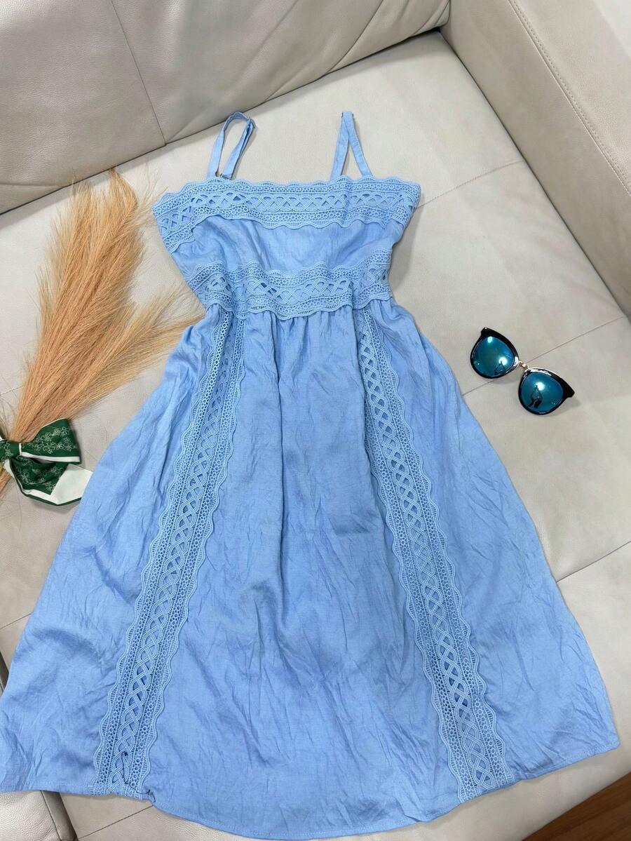ANJO&M FASHlON Vestidos curto com renda forrado atrás com elástico tamanho M g gg  Simples - Azul - Visão 1