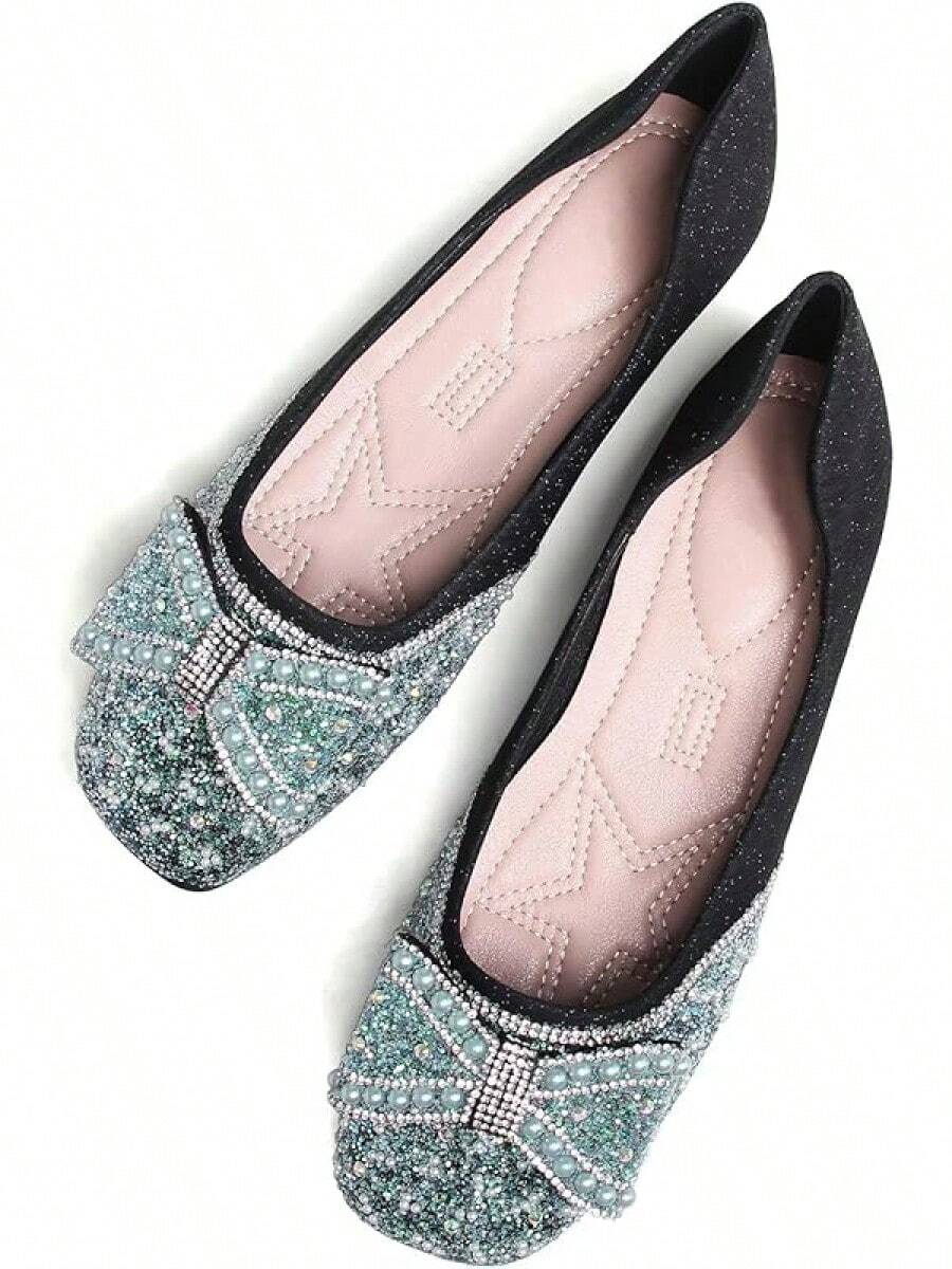 SAILING LU Square Toe Flats Shoes Rhinestoned Bowknots Ballet Flats For Women Studded Dress Shoes Comfort Light Weight LoafersChristmas - G-黑色 - 查看 1