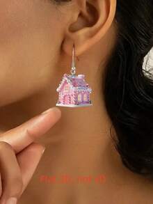 Brincos com pingente de casa de neve rosa 2D, fofos e charmosos, design impresso em acrílico plano frente e verso, modernos e leves, adequados para uso diário e festas femininos, ótimo presente para Halloween, Natal, Dia dos Namorados, Dia das Mães