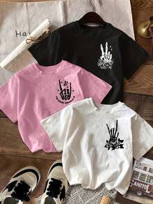 3 pack Camiseta playera T-shirt mujer cuello redondo manga corta estampado grafico señas con manos amor y paz calavera rock estilo urbano diseño juvenil moderno estilo americano diseño urbano moderno cuello redondo manga corta primavera verano uso diario - Rosa - Ver 1