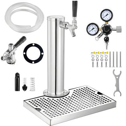 Kegerator Tower Kit, Single Tap Beer Conversion Kit, Stainless Steel Keg Beer Tower Dispenser With Dual Gauge W21.8 Regulator & S-System Keg Coupler, Beer Drip Tray For Party Home
