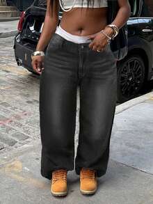 大码女式中腰水洗牛仔裤，复古做旧无弹力牛仔裤，休闲春季款 - 深灰色 - 查看 5