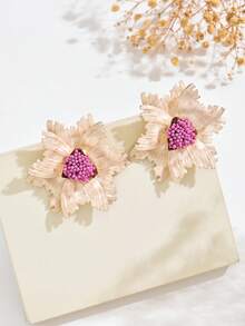 1 pereche cercei eleganți cu model floral texturat, dublu strat, bej, cu model floral, cercei vintage exagerați cu model floral multistrat, potriviți pentru ținutele zilnice, de vacanță și de petrecere ale femeilor