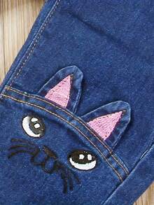 1 pieza Pantalones largos de mezclilla sencillos para niña joven, temporada de primavera y otoño - Azul Marino - Ver 5