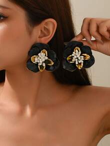 1 Pair Mori Style Sweet Fresh Floral Raffia Fabric Flower Tassel Earrings Suitable For Women Vacation And Daily Wear - Black - View 6