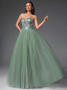 VIPGIRL New Green Strapless Sequin Contrast Mesh Elegant High-End Design Women's Formal Evening Gown - Green - View 7