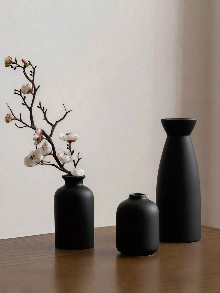 1 套/黑色花瓶套装 - 3 个装饰小花瓶，现代波西米亚乡村风家居装饰花瓶，创意支架，适用于桌面、书架、玄关 - 复古莫兰迪花瓶套装，可用于电视柜上的工艺品展示，柔和的装饰，米色花瓶，适合鲜花礼品、生日、毕业典礼和其他场合。玻璃花瓶，用于房间装饰 - 黑色 - 查看 1