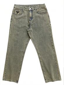 Men's Washed Light Blue Straight Leg Jeans, Men's Loose Fit Jeans, Retro Y2K Style, Simple And Versatile - Pale Yellow - View 3
