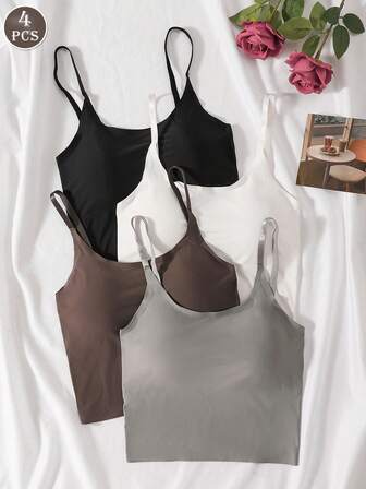 4 件可调节肩带吊带背心，带胸垫，无钢圈露背文胸