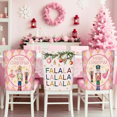 6PCS Christmas Decorative Linen Chair Covers, Pink Buffalo Plaid, Christmas Tree And Bauble Chair Back Covers, For Decorating Homes, Hotels, Restaurants, And Holiday Parties. (50cm*60cm)