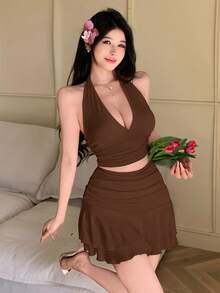 abyoxi Women's Brown Sexy Deep V-Neck Side Ruched Backless Spaghetti Strap Lace-Up Crop Top With Ruffle Mini Skirt And Shorts 2pcs Set, Elegant Casual Summer - Brown - View 5