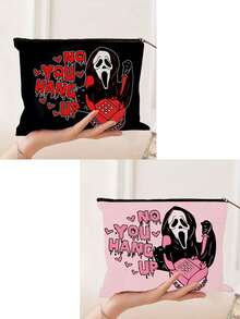 2 piezas, Bolsa de maquillaje con estampado de llamadas de la muerte rosa de Halloween y bolsa de cosméticos con cremallera y bolsa de artículos de tocador - Estilo gótico oscuro de la academia, bolsa de medicina reutilizable con tema de terror, bolsa de almacenamiento de bolígrafos, bolsa de viaje y maquillaje - Para la escuela, la decoración del hogar de verano, la bolsa de aperitivos de 9 "x 6" artículos de viaje, vacaciones, organizador de maquillaje, bolsa de viaje para mujeres