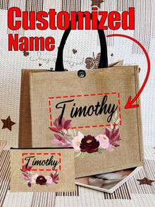 Customized Name Tote Bag, Floral Pattern And Customized Text, Solid Color Makeup Bag, Women's Linen Large Capacity Tote Bag, Shopping Bag, Portable Casual Storage Tote Bag, Suitable For Daily Travel, Beach Vacation, Large Capacity Shopping Bag, Perfect For School, Birthday, College, Work, Business, Commute, Outdoor, Travel, Vacation And Other Occasions, Women's Tote Bag And Large Tote Bag - Khaki - View 12