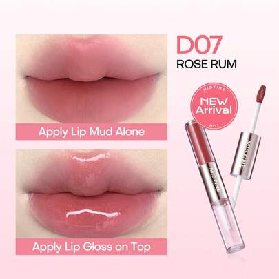 MISTINE Son bóng 2 trong 1, 1.5g + 1.5g, màu lâu trôi, son dưỡng ẩm dạng gel, son tint đa năng, hiệu ứng trang điểm tự nhiên, D07