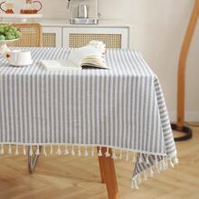 Table Cloth Blue Striped Tablecloth Tassels Cotton Linen Dust-Proof Table Cover For Dining Coffee Buffet Kitchen Picnic Tables Parties Tablecloths(52 X 70 Inch, Blue) - Blue70x52Rectangular - View 1