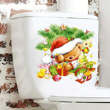 ملصق مقعد المرحاض لاحتفال عيد الميلاد مع الدب الجميل وشجرة عيد الميلاد، ديكور منزلي للحمام، ديكورات عيد الميلاد، ديكور الغرفة، ديكور الحائط، ملصقات الحائط، ملصقات عيد الميلاد المنزلية