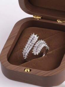 1 pieza Anillo abierto de cobre con diseño de hoja de arce de dos tonos y circonita, elegante regalo - Amarillo Oro - Ver 15