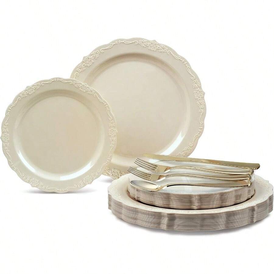 OCCASIONS 150 Piece Set 25 Guests Vintage Wedding Plastic Plates Cutlery Disposable Dinnerware 10'' 7.5'' + Silverware W Double Fork (Verona Plain Ivory) - A2VeronaPlainIvory - Xem 1