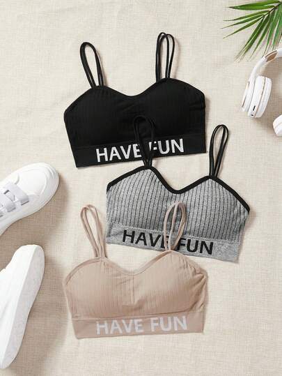 3pcs Girls Casual Fashion Letter Decor Racerback Supportive Sports Bra, Seamless Comfortable Breathable Suitable For Daily Wear, Workout, Running