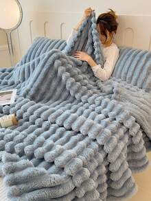 1 件厚实温暖的超柔软条纹盖毯 - 可机洗涤纶，防过敏，四季舒适，适合沙发、床或礼物 - 混合颜色，沙发盖毯，中性家居装饰，防过敏材料，秋季装饰，冬季装饰，房间装饰，返校 - 星空藍 - 查看 11