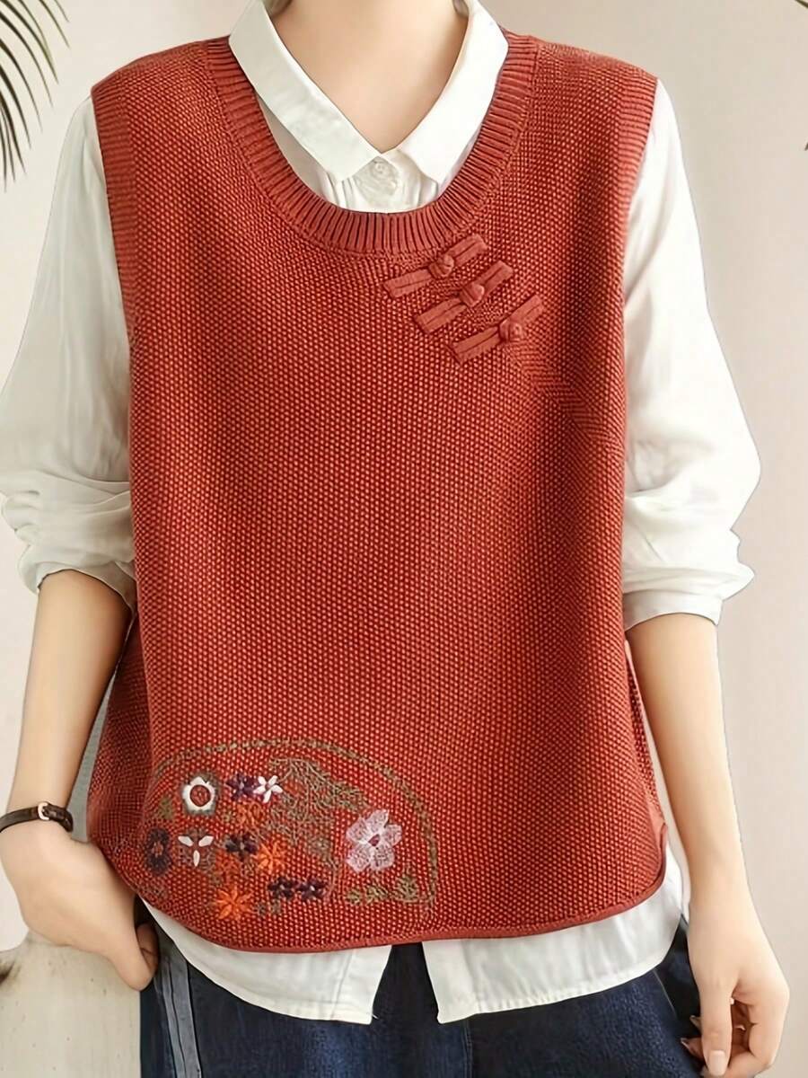 Chaleco Bordado Floral para Mujer, Sin Mangas con Cuello Redondo, Atuendos Casuales e Informales de Otoño-Invierno, Chalecos Versátiles, Tejido Elegante No Transparente - Rojo - Ver 1