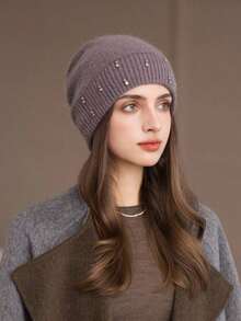 1pc Women's Rabbit Fur Knit Rhinestone Beanie Hat, Autumn/Winter Warm Thick Windproof Ski Cap, Fashionable & Versatile