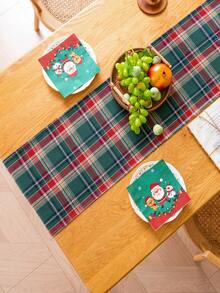 1 szt. bieżnik na stół w zieloną kratę "Wesołych Świąt", w starodawną zieloną kratę, gruba szczotkowana tkanina, nadaje się do kredensu, szafki, nadaje się do prania, do wystroju kuchni, jadalni, salonu, na imprezy, Boże Narodzenie, Nowy Rok