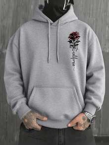男士必备！新款秋冬街头风灰色玫瑰印花简约连帽卫衣，长袖上衣 - 灰色 - 查看 3