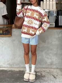 1pc Teen GirlLoose Fit Cozy Knit Sweater With Reindeer & Snowflake Pattern, Suitable For Christmas, Indoor & Outdoor Wear, Autumn/Winter New - Multicolor - View 4