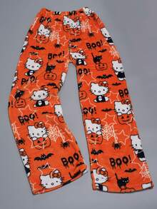 Sanrio Autumn/Winter Flannel Pajamas, Hello Kitty Orange Casual Loose Cute Halloween Christmas Party Hello Kitty Sleepwear, Elegant Matching Couple Loungewear