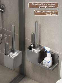 1set Toilet Brush With Holder, Wall-Mounted Long Handle Toilet Cleaning Brush, Flexible Toilet Brush, Reaching All Corners, Bathroom Cleaning Brush, Hotel Cleaning Supplies Bathroom Decor Fall Decor Bathroom Accessaries Bathroom Tools - Grey - View 1
