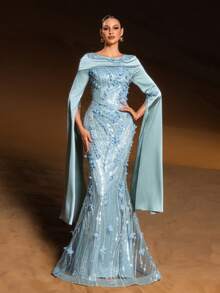 Elisanya 优雅美人鱼晚礼服，饰有3D立体花卉贴花、亮片和串珠，修身剪裁，从腰部延伸至膝盖，蓬松的薄纱裙摆，适合婚礼、正式晚宴、晚间活动和情人节派对等场合。 - 青碧色 - 查看 4