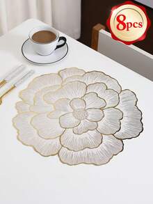 1-120pcs Gold Flower Design PVC Placemats, Washable, Easy To Clean, Wipe-Clean, Non-Slip, Holiday Wedding Party Dining Table Decor - Gold - View 12