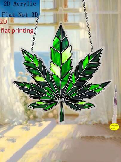 2D Flat Herb Sun Catcher Acrylic Sign - Bohemian Style Green Leaves With Black Chain Pendant, Indoor/Outdoor Home Office Bedroom Kitchen Decor, Unique Colleague Gift, Bathroom Decoration, 2D Flat Art