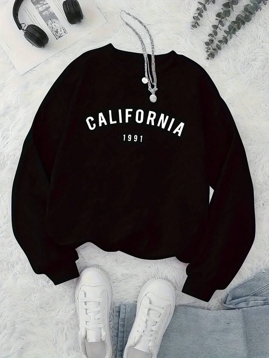 Sudadera hoodie básica mujer dama  estampado grafico nombres de ciudades "CALIFORNIA" 1991" estilo americano  diseño juvenil moderno caliente frío uso diario | buena calidad | Textura Suave - Negro - Ver 1