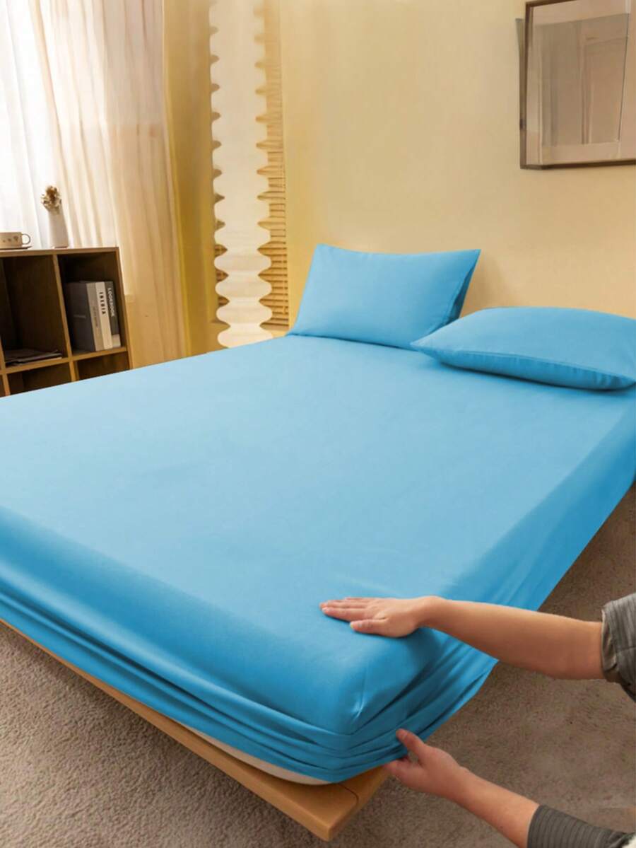 1pc Solid Color Blue Fitted Sheet, Mattress Protector, Mattress Cover For Bed, Bed Sheet, Soft And Breathable, For All Size Bed -Twin, Full, King, Queen Size Sheet Deep Pocket Up To 11.8 Inch Home Textile - Blue - View 1