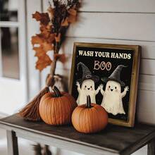 Charming "Wash Your Hands" Theme Halloween Wooden Sign | Rustic Style 20.32x20.32 Cm Framed Decor, Featuring Cartoon Ghosts And Pumpkins | Durable, Fade-Resistant, Suitable For Home, Bathroom, Living Room | Ideal Autumn Gift And Halloween Decoration - Multicolor - View 10