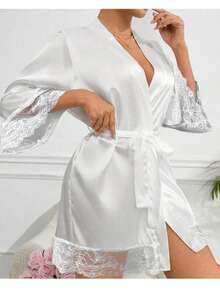 女士纯色短袖浴袍，适合春夏季、家居服、酒店服、派对服、泳装、家居使用、除草季节短礼服首字母长袍、晨袍和睡袍、新娘派对准备服、婚礼仪式和招待会配饰睡衣女士春夏婚礼睡衣连衣裙闺蜜派对刺绣浴袍婚礼派对婚礼用品户外婚礼节日派对用品 - 白色 - 查看 8