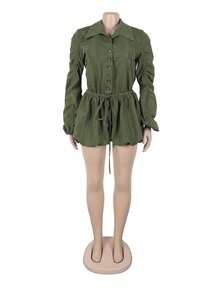 Women's Button Ruched Bubble Playsuits Long Sleeve Drawstring Shorts Shirt Jumpsuit Rompers One Piece Outfits, Spring Fall Winter Clothes - xanh quân đội - Xem 3