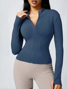 1pc Solid Color Thumb Hole Long Sleeved Sports Zipper Jacket Yoga Comfortable Activewear For Fitness Gym Running And Outdoor Activities Summer Conjunto Deportivo Mujer - 鯨藍 - 查看 1